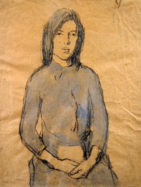 Flicka, händer som vilar i knät (penna och akvarell på papper) av Gwen John