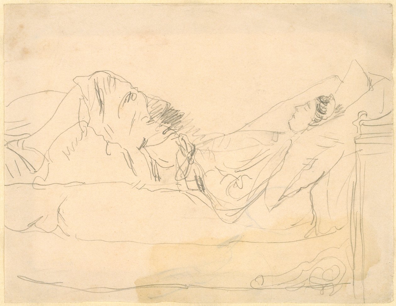 Flicka liggande på en säng (penna på papper) av Gwen John