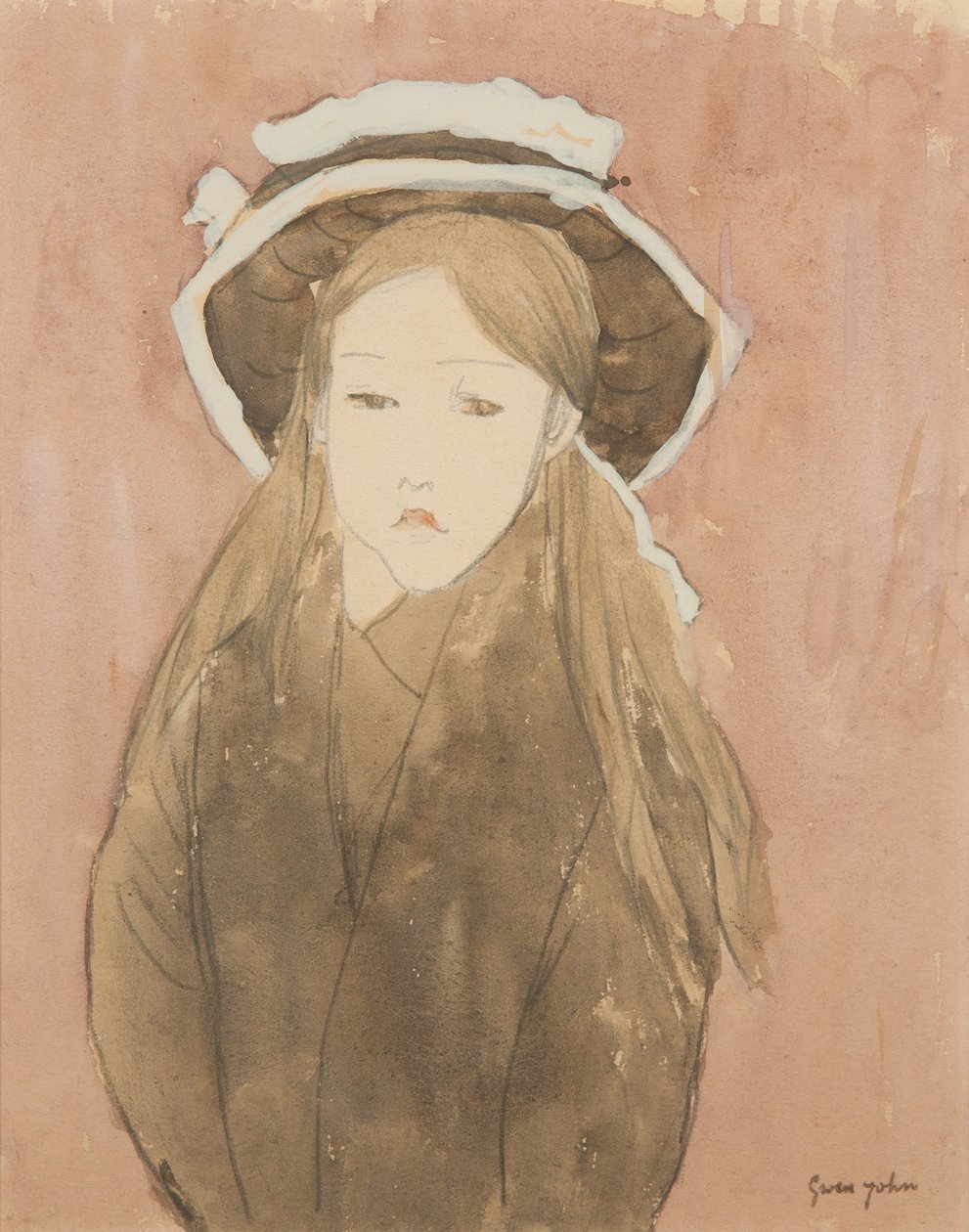 Liten flicka som bär stor hatt (akvarell på papper) av Gwen John