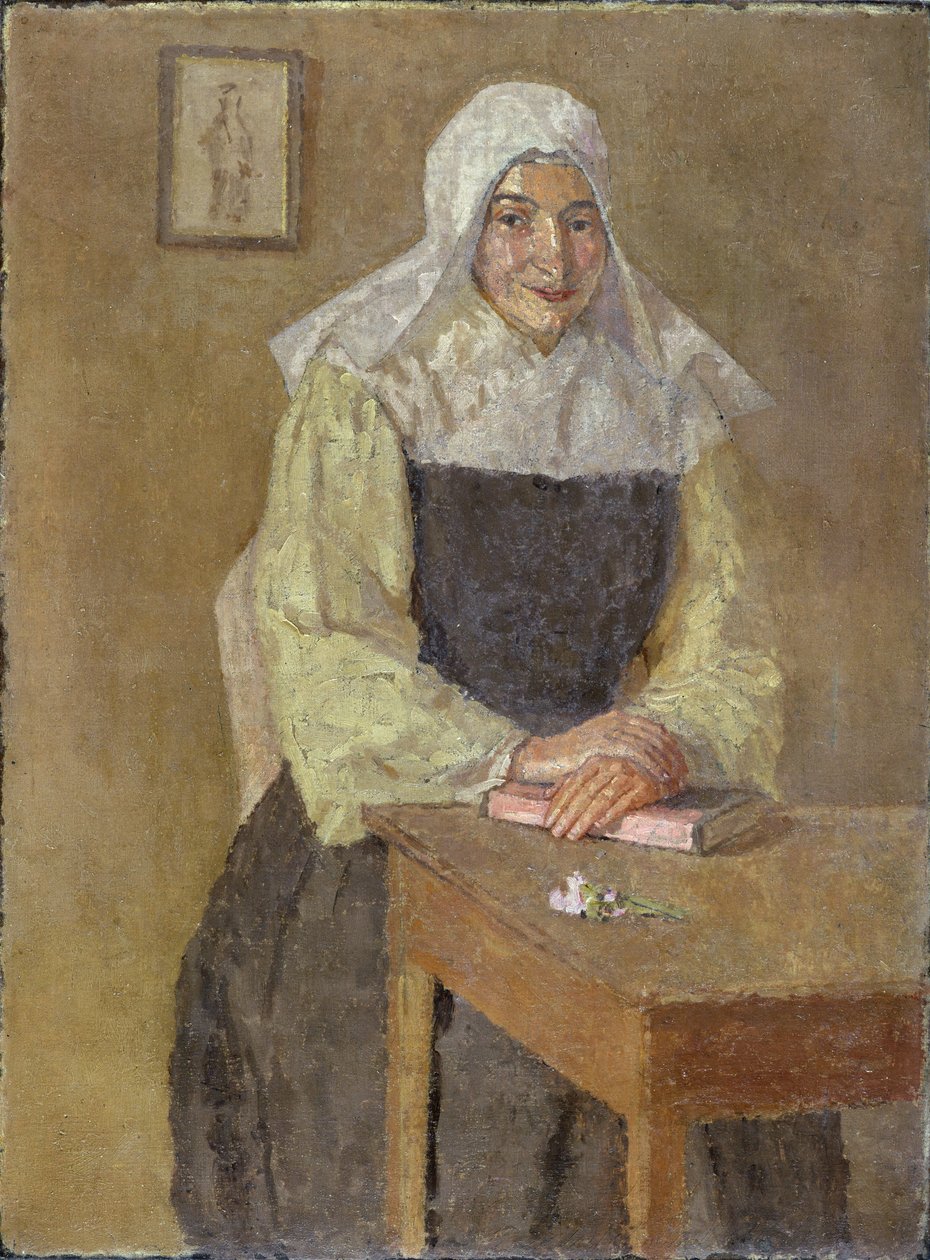 Mere Poussepin sitter vid ett bord (olja på duk) av Gwen John