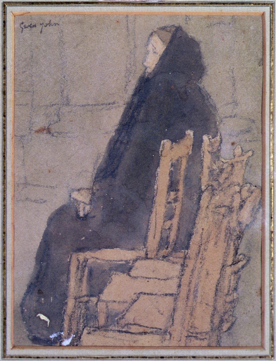 Gammal kvinna i en svart sjal (akvarell, kroppsfärg och svart krita på beige papper) av Gwen John