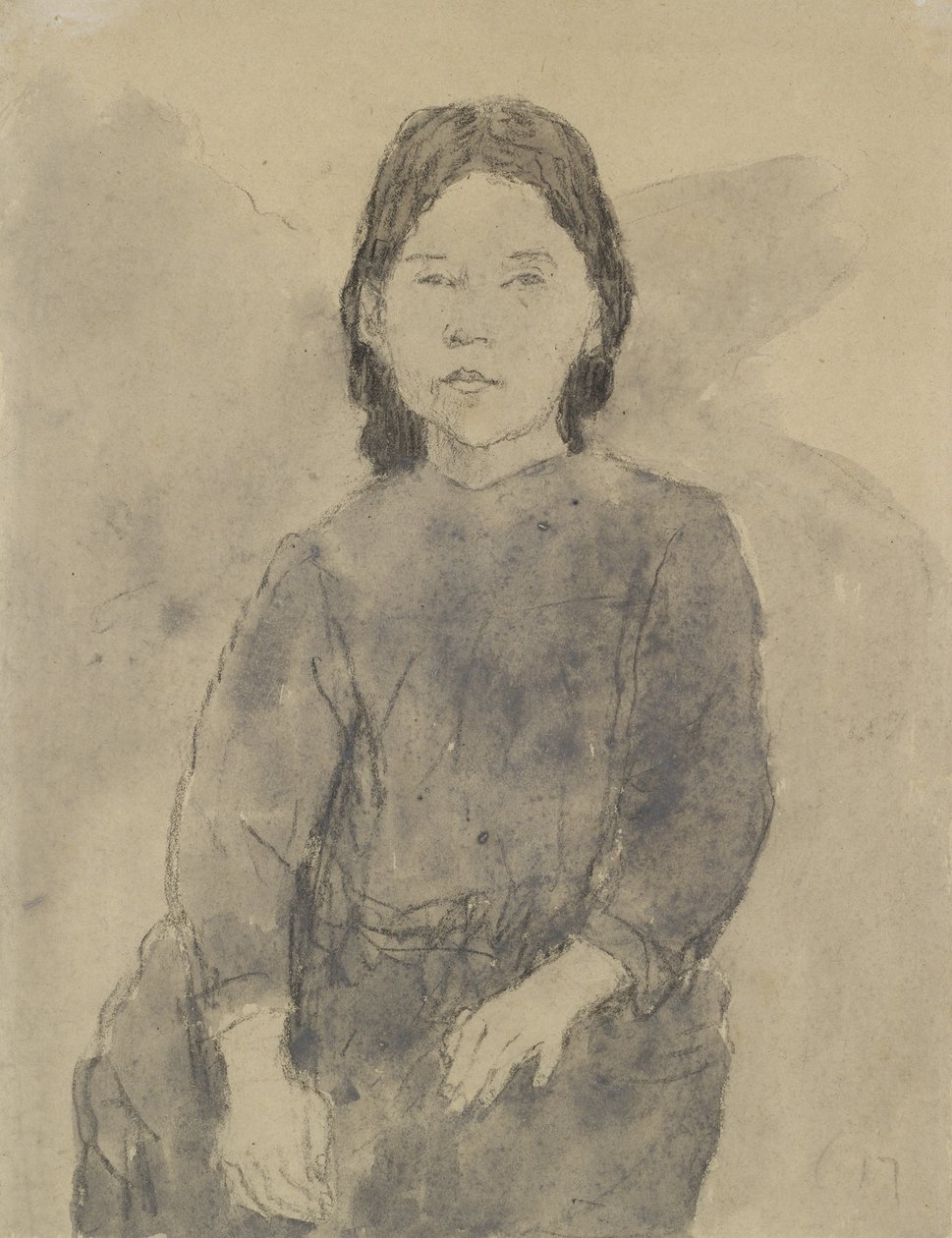 Sittande tjej (Marie Hamonet?) (kol, grå tvätt & kroppsfärg på grått papper) av Gwen John