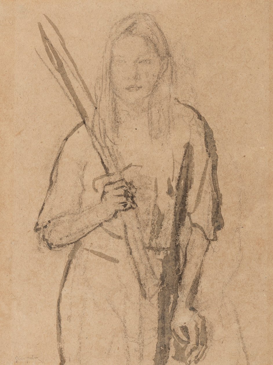 Stående tjej med trästolpe i handen (penna & tvätt på papper) av Gwen John