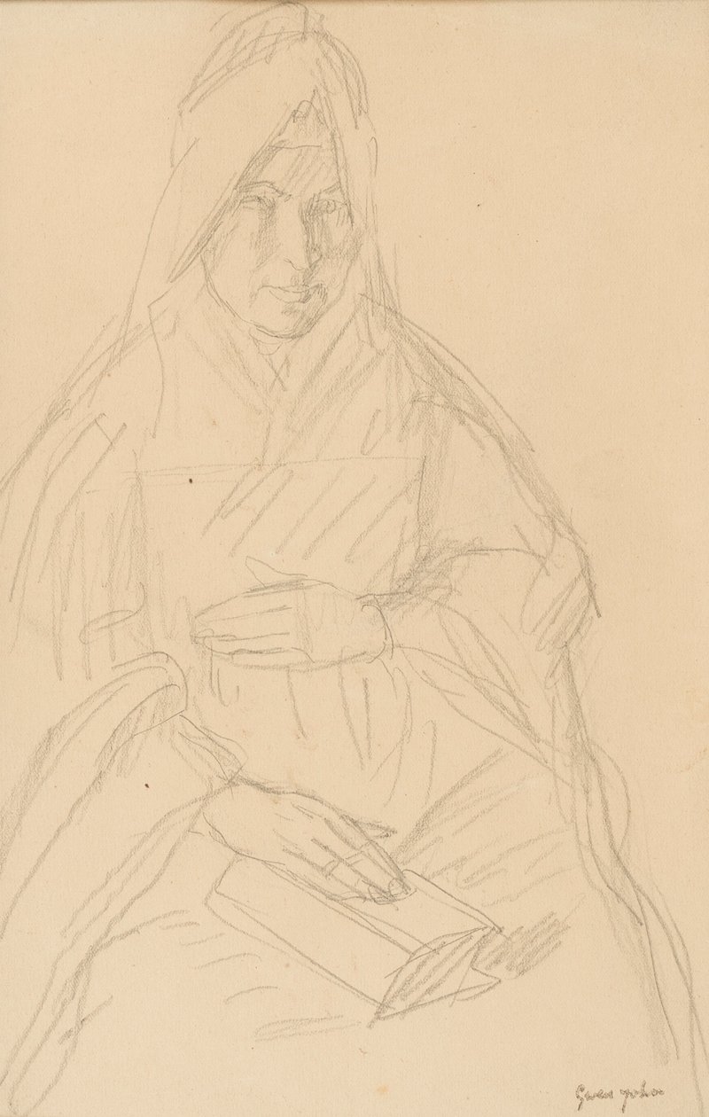 Studie för Mere Poussepin sittande vid ett bord, ca 1915 av Gwen John