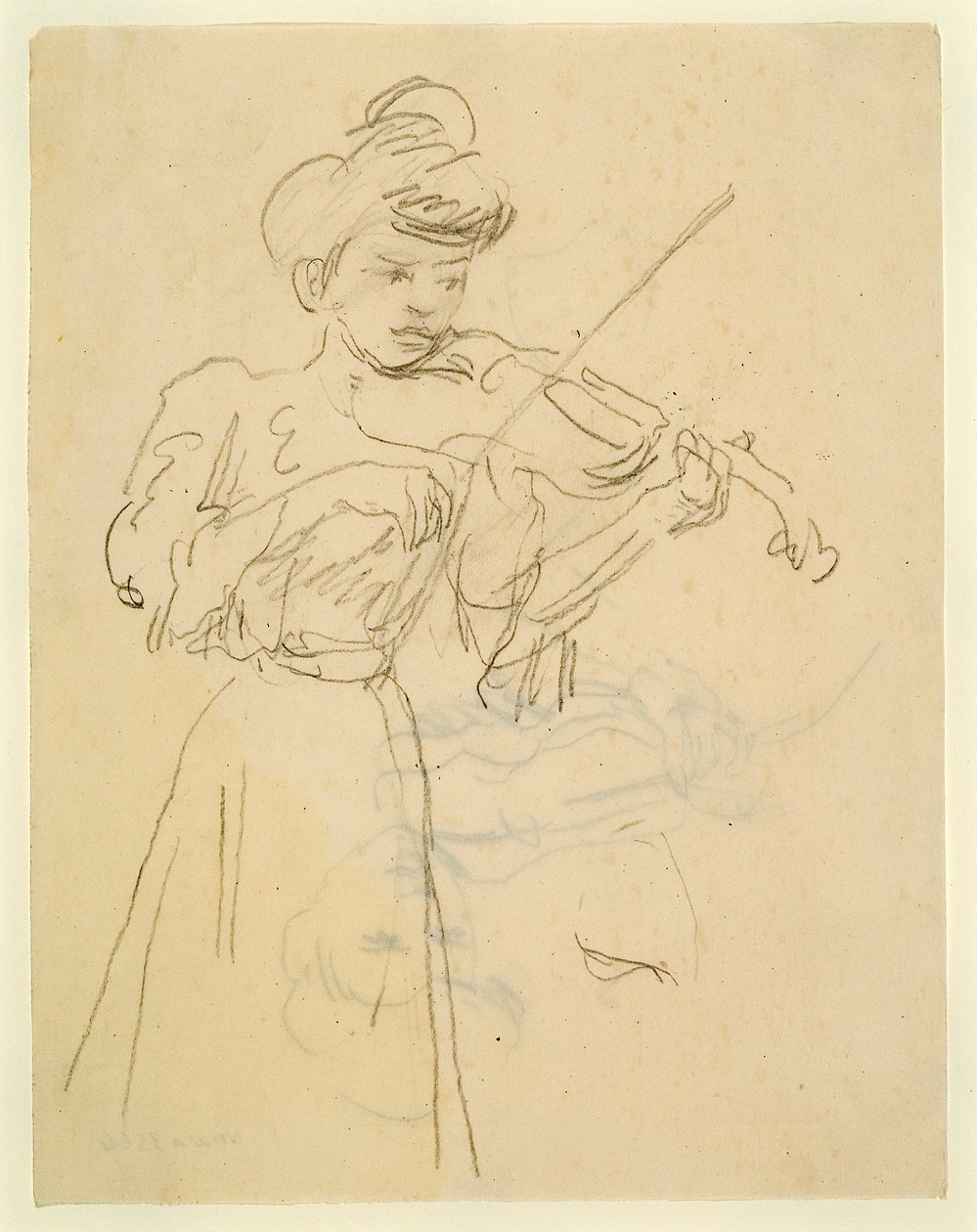 Kvinna som står och spelar violin (blyerts på papper) av Gwen John