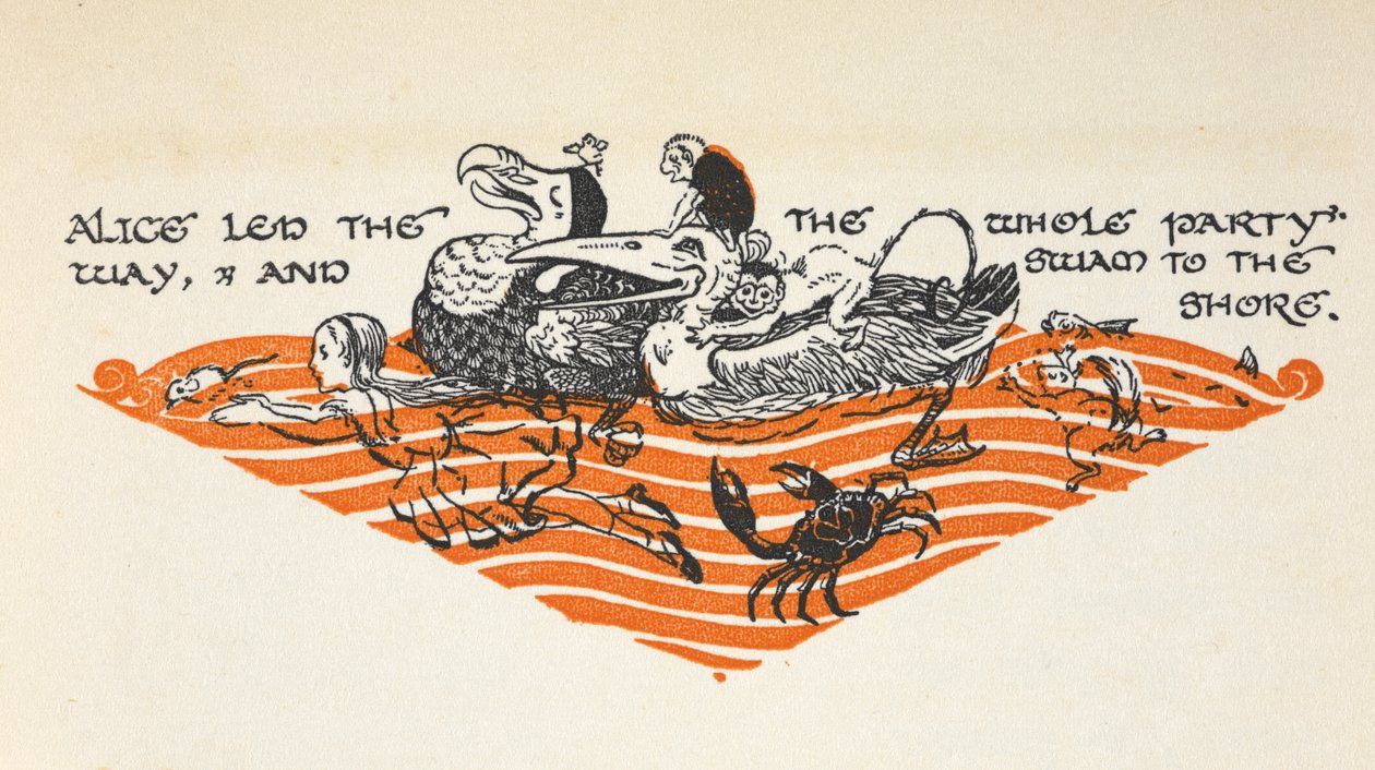 Illustration av Alice och djuren som simmar fram från "Tårarnas bassäng". Bland djuren finns en dront, en mus, en apa, en fisk, en krabba, en ekorre och en anka. av Gwynedd M. Hudson