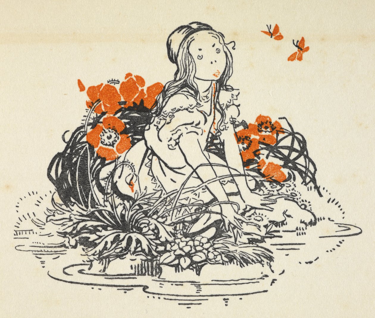 Illustration av Alice bredvid en pool omgiven av vallmo och fjärilar av Gwynedd M. Hudson
