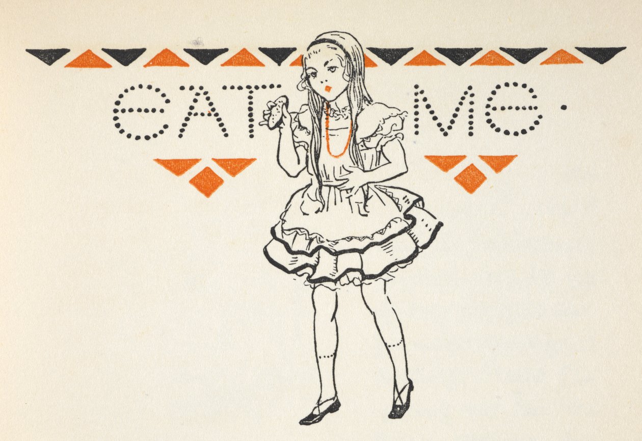 Illustration av Alice med en liten tårta med texten "Eat Me". av Gwynedd M. Hudson