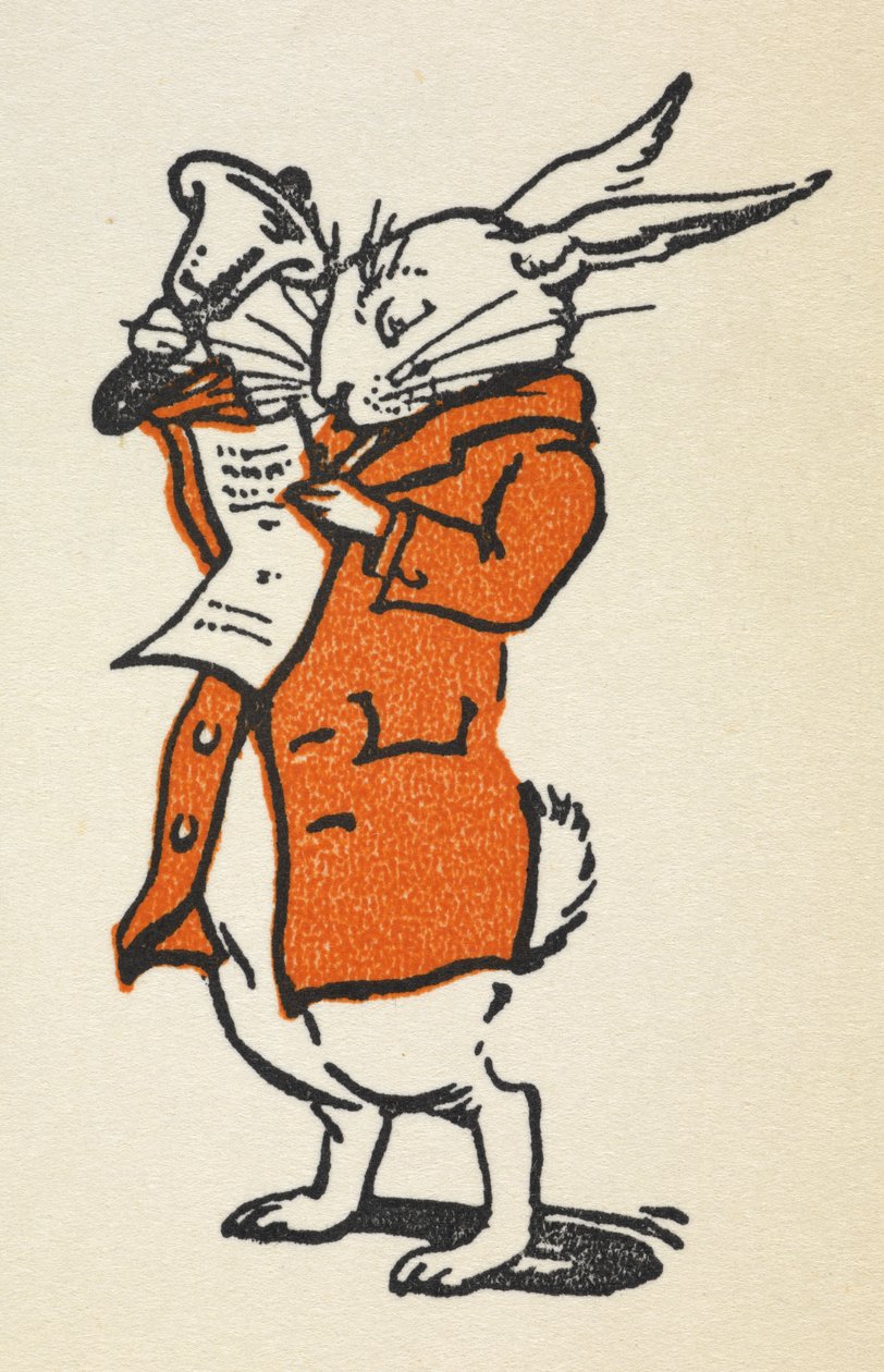 Illustration av den vita kaninen i röd jacka som ringer i en stor klocka och läser av Gwynedd M. Hudson