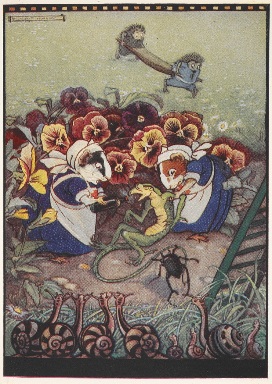 Illustration av två marsvin klädda i städerskekläder som tar hand om en ödla medan två igelkottar bär en bår i bakgrunden för att hjälpa honom. av Gwynedd M. Hudson