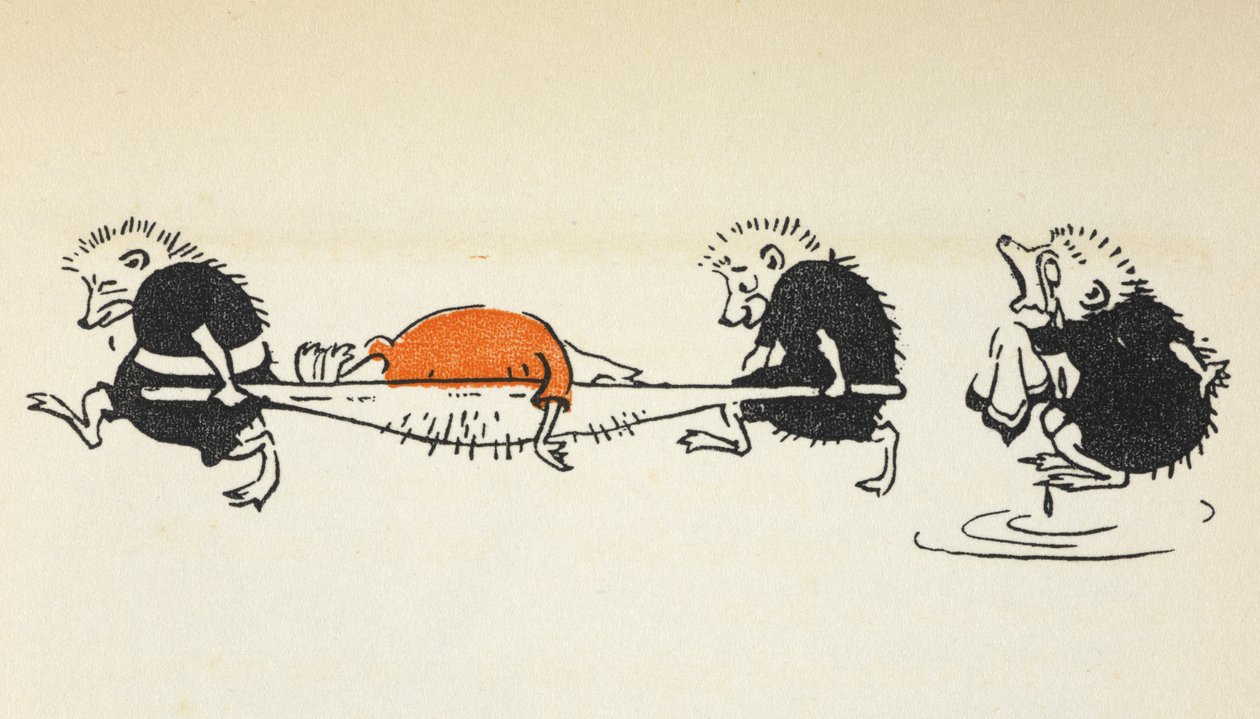 Illustration av två igelkottar som bär en skadad krocketspelare och följs av en annan gråtande igelkott. av Gwynedd M. Hudson