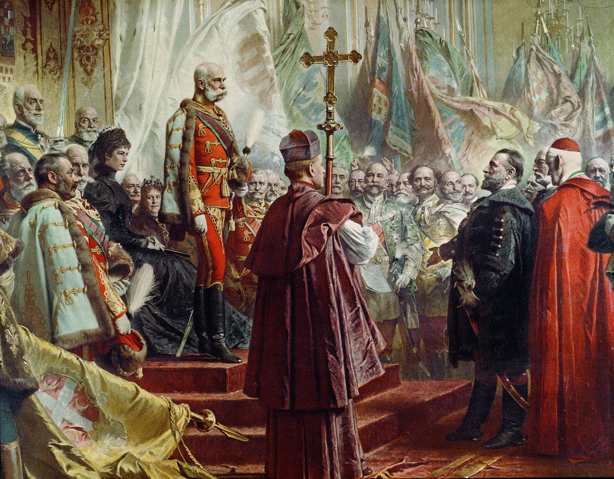 Kejsar Franz Joseph I 1830-1916 och kejsarinna Elizabeth 1837-98 i Budapest, 8 juli 1896 färglitho detalj av 231008 av Gyula Benczúr