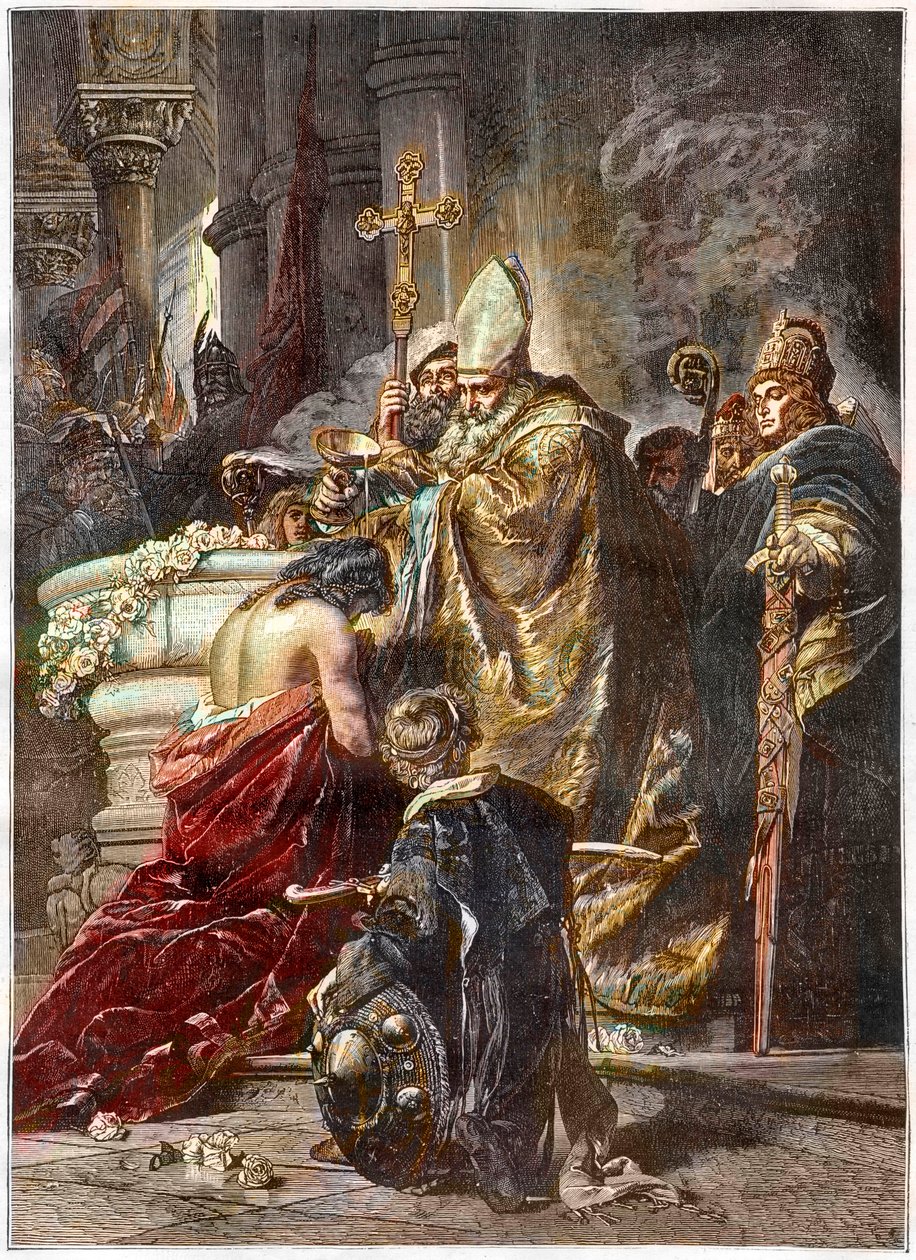 Sankt Stefans dop (c970-1038), helige och förste kung av Ungern - döpt av helgon Adalbert av Prag Efter ett verk av Gyula Benczur - döps den ungerske prinsen Vajk av helige Adalbert av Prag och tar namnet Stefan (St. Stephen I Ki av Gyula Benczúr