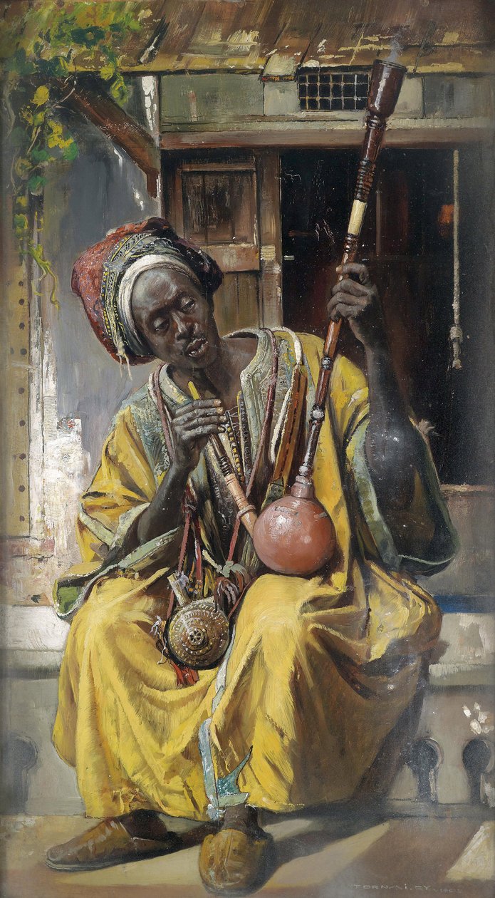 ""Fumeur de pipe a eau"" (narghile) (The Water-Pipe Smoker) Peinture de Gyula Tornai (1861-1928) Olja på trä 1903 Dim 58x34 cm Privat samling av Gyula Tornai