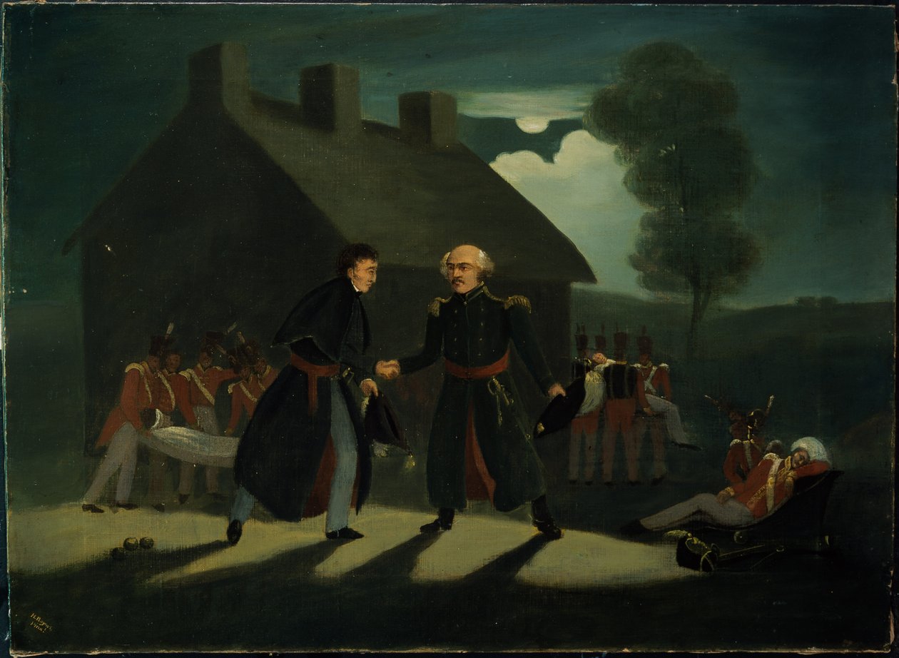 Mötet mellan Wellington (1769-1852) och Blucher (1742-1819) vid La Belle Alliance efter slaget vid Waterloo, ca 1820 av H. Baynes