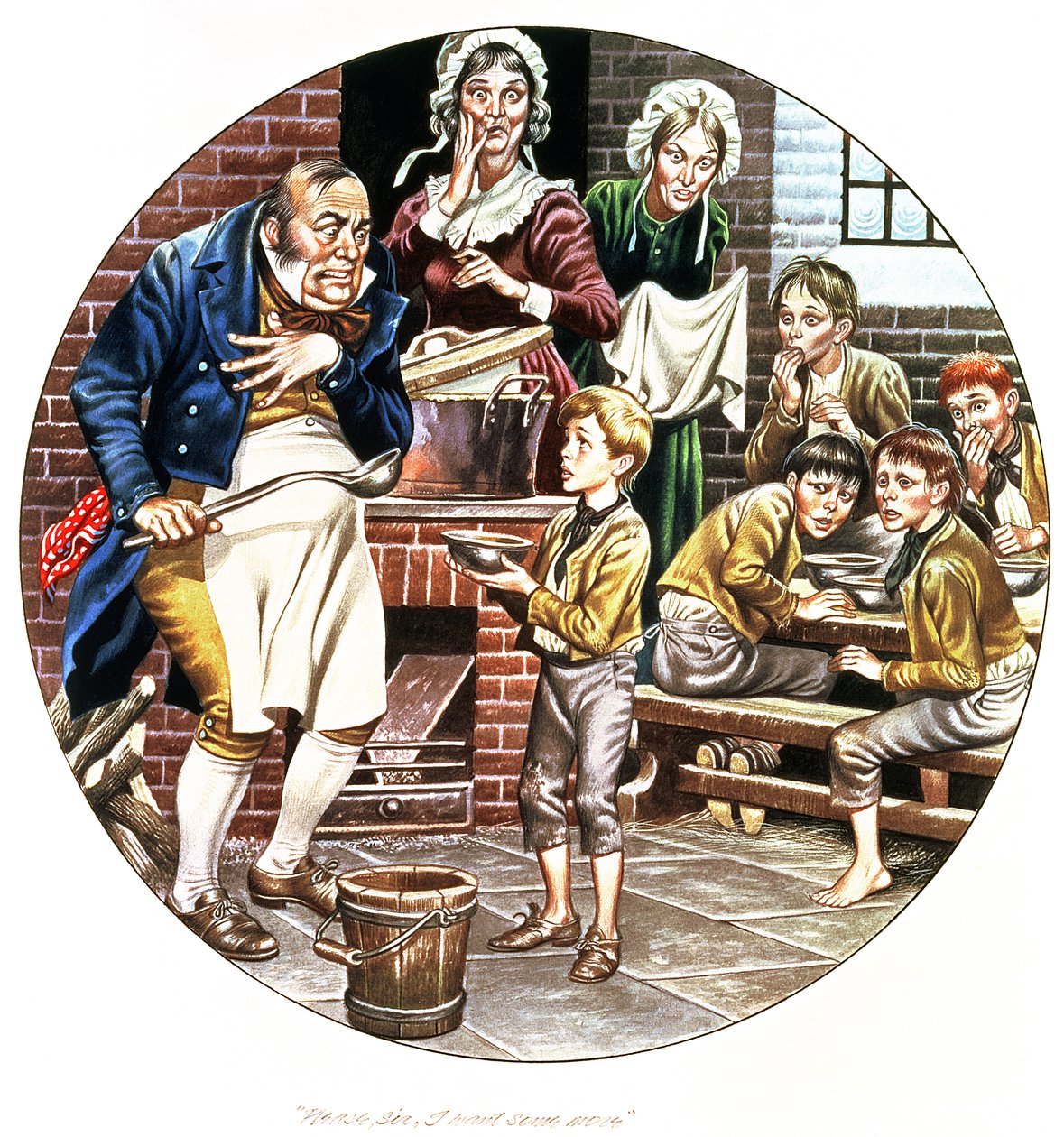 Konstnärens andra tolkning av Oliver Twist som ber om mer, från "World of Charles Dickens" som senare gjordes som en Spode-tallrik av H. Devine