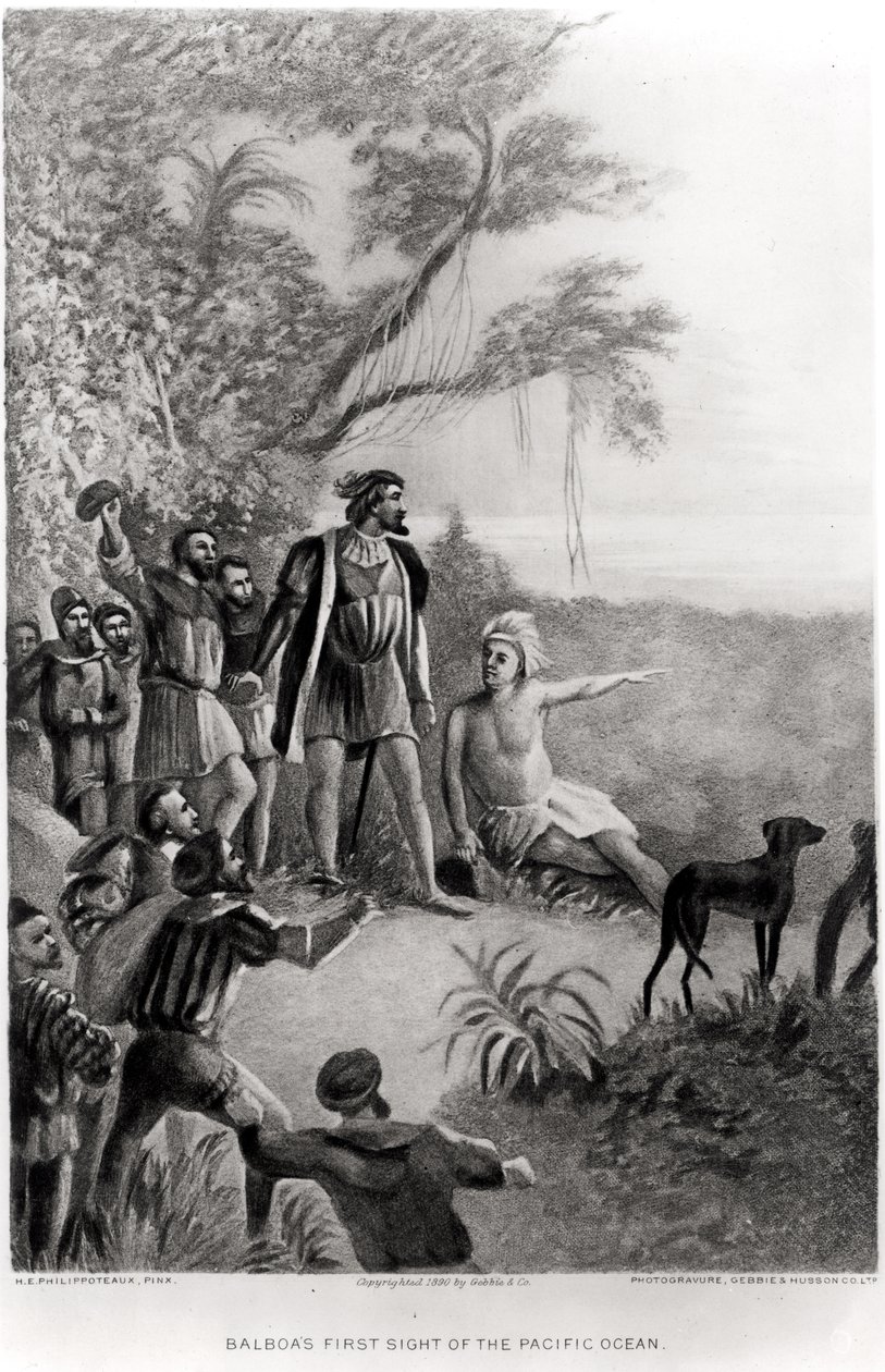 Balboas första anblick av Stilla havet, 25 september 1513, från "The American Continent and its Inhabitants before its Discovery by Columbus", 1890 av H. E. Philippoteaux