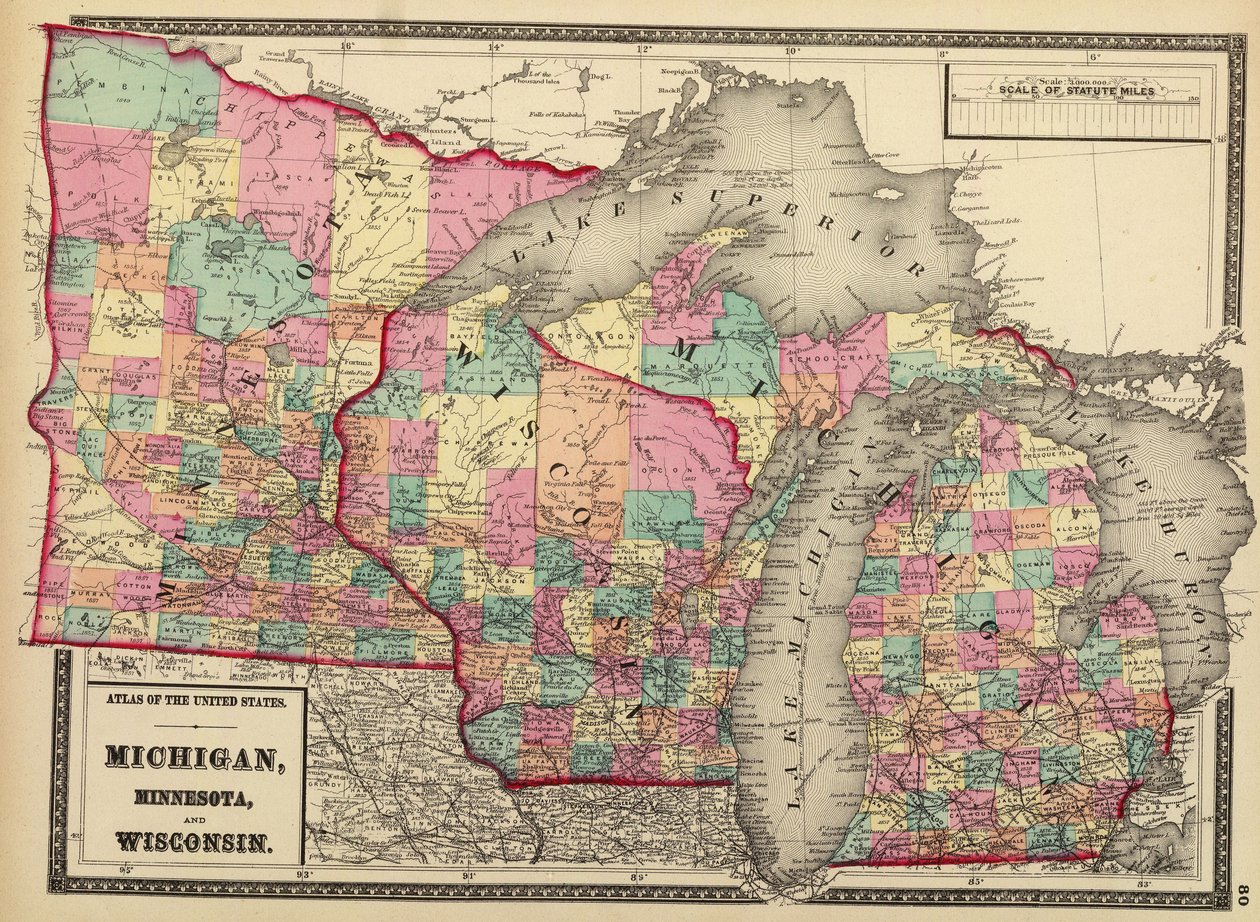 1872 map of the states of Minnesota, Wisconsin, and Michigan av H. F.; Gray Walling