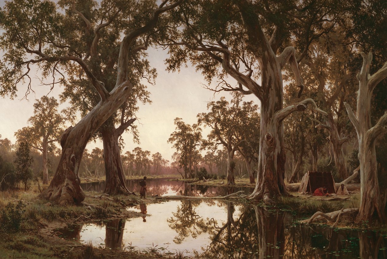 Kvällskuggor, bakvatten från Murray, södra Australien av H J. Johnstone