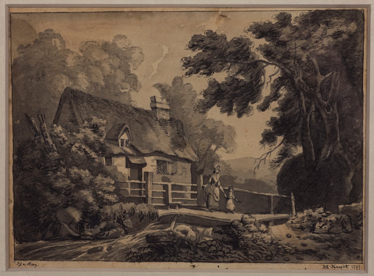 En mor och ett barn som korsar en bäck, 1799 (penna, bläck och tvätt på papper) av H. Knight