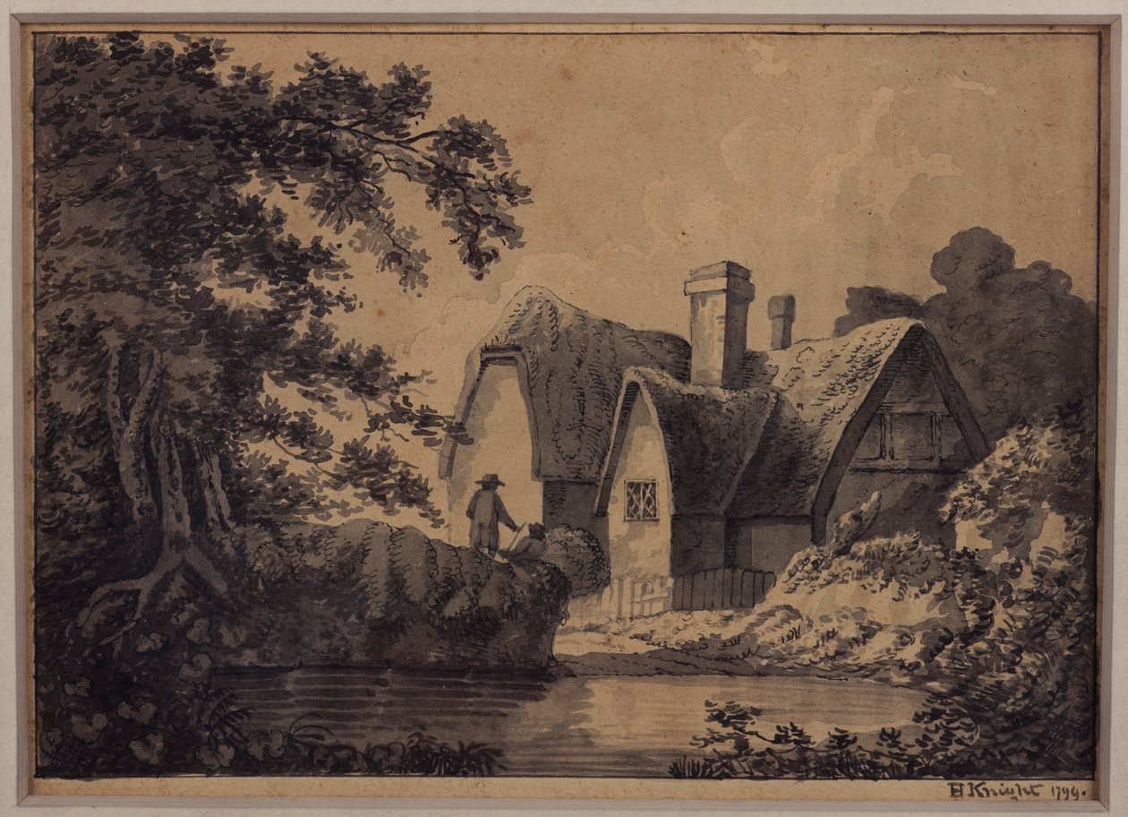 Två vid en stuga i ett landskap, 1799 (penna, bläck och tvätt på papper) av H. Knight