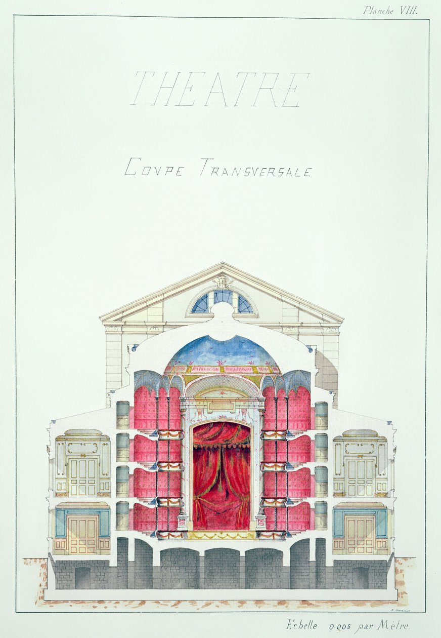 Tvärsnitt av en teater, plåt VIII från en folio av mönster, c.1870 av H. Monnot