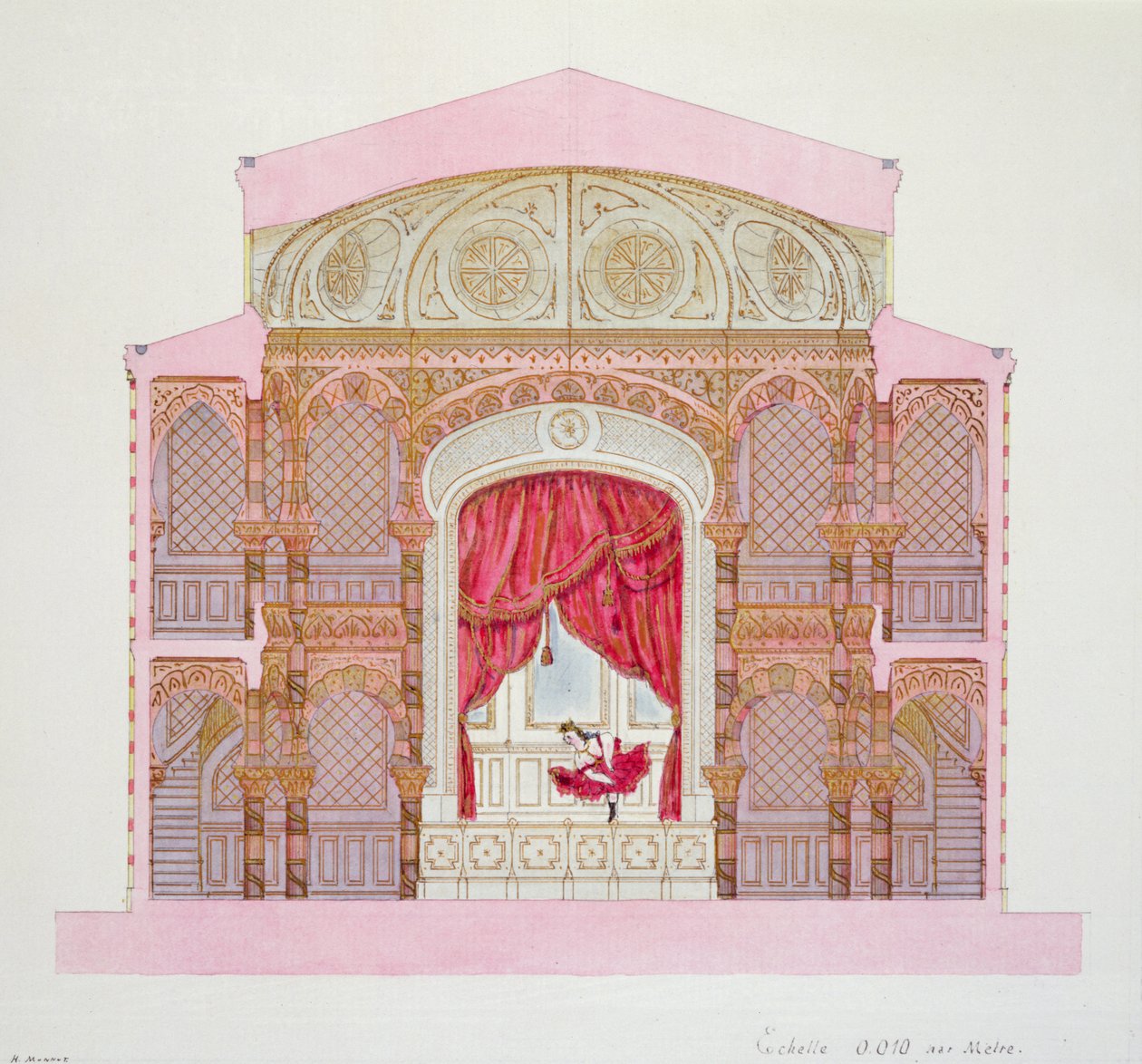 Tvärsnitt av en Café-konsert, tallrik XXVII från en folio av mönster, ca 1870 av H. Monnot