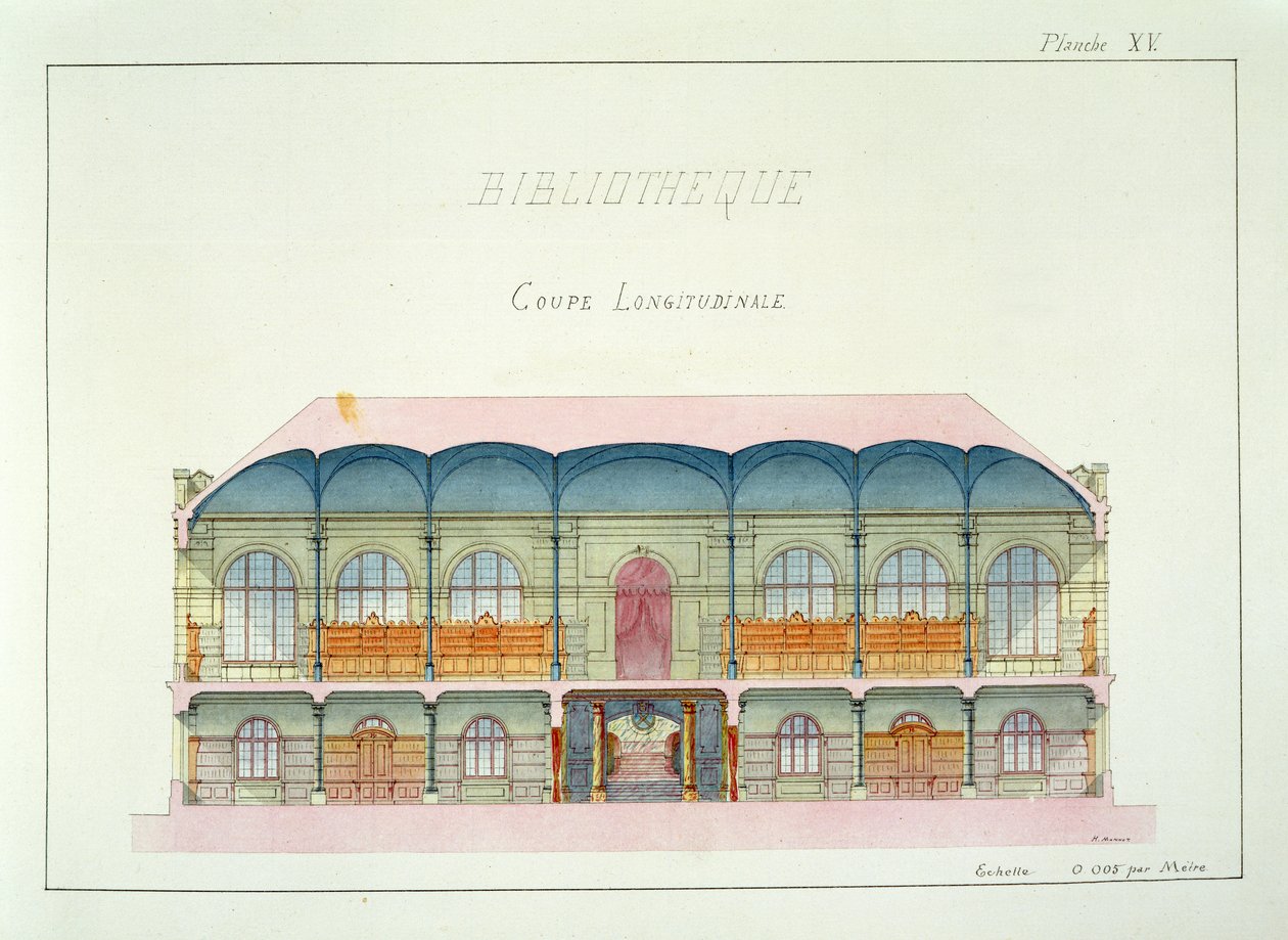 Tvärsnitt av ett bibliotek, plåt XV från en folio av mönster, c.1870 av H. Monnot