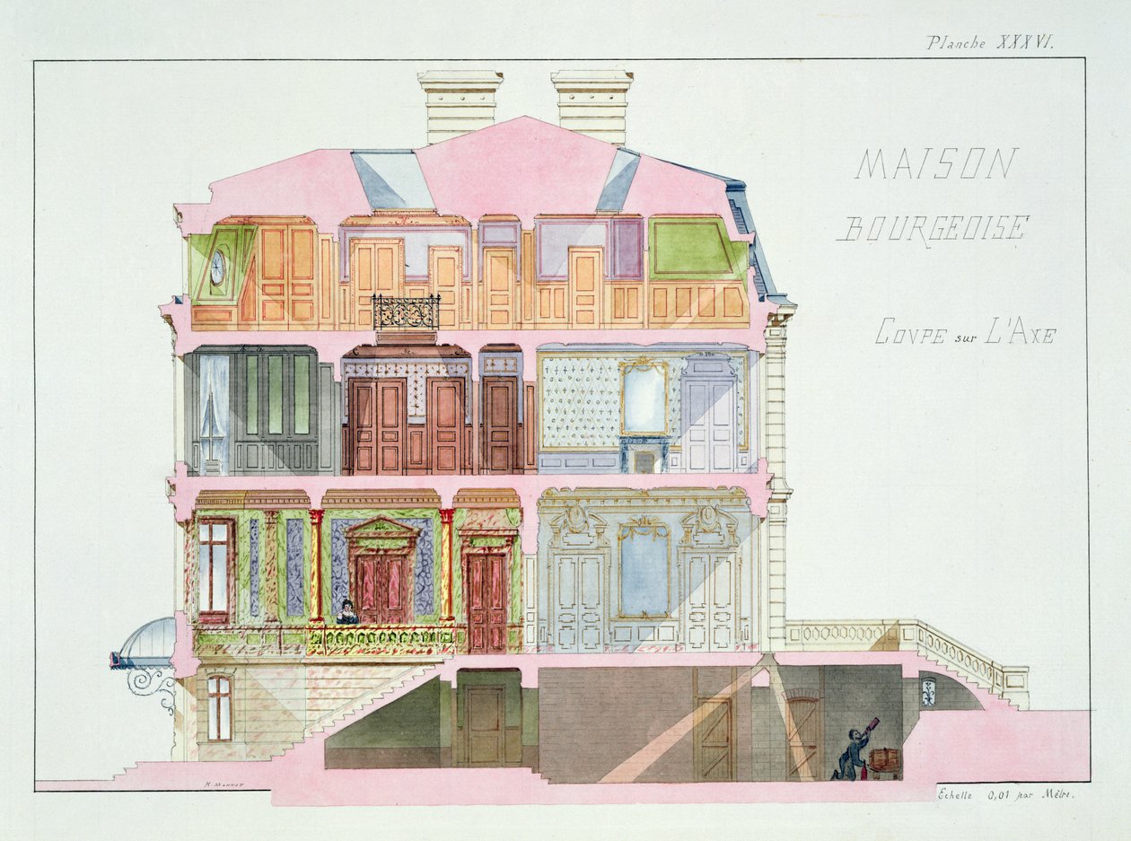 Tvärsnitt av huset för borgarklassen, skylt XXXVI från en folio av mönster, ca 1870 av H. Monnot