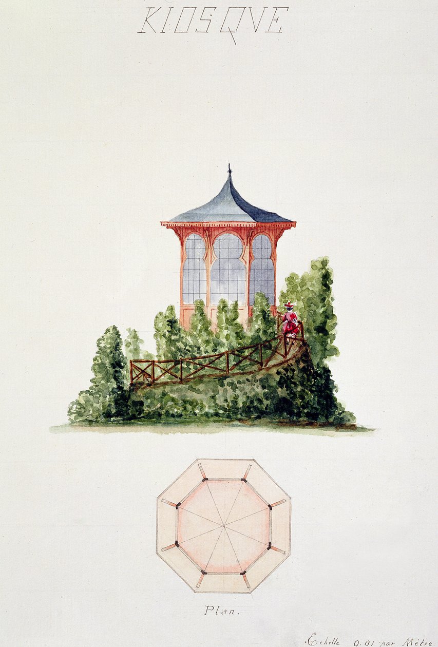 Design för en paviljong i förenklad orientalisk stil, från en folio av originalteckningar i klassisk och tidig Belle-Epoque stil, ca 1870 av H. Monnot