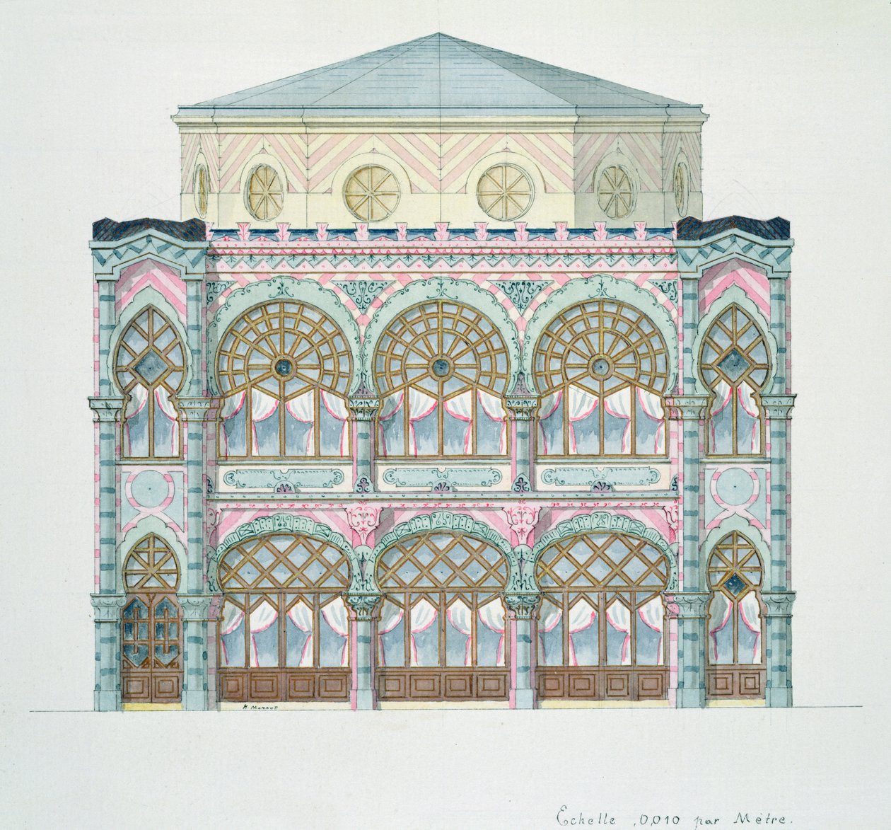 Förhöjning av ett café-konsert, från en folio med ritningar, ca 1870 av H. Monnot