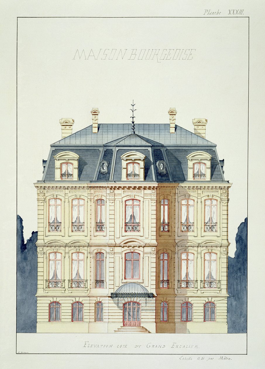Framifrån av ett hus för borgarklassen, skylt XXXIII, från en folio av mönster, ca 1870 av H. Monnot
