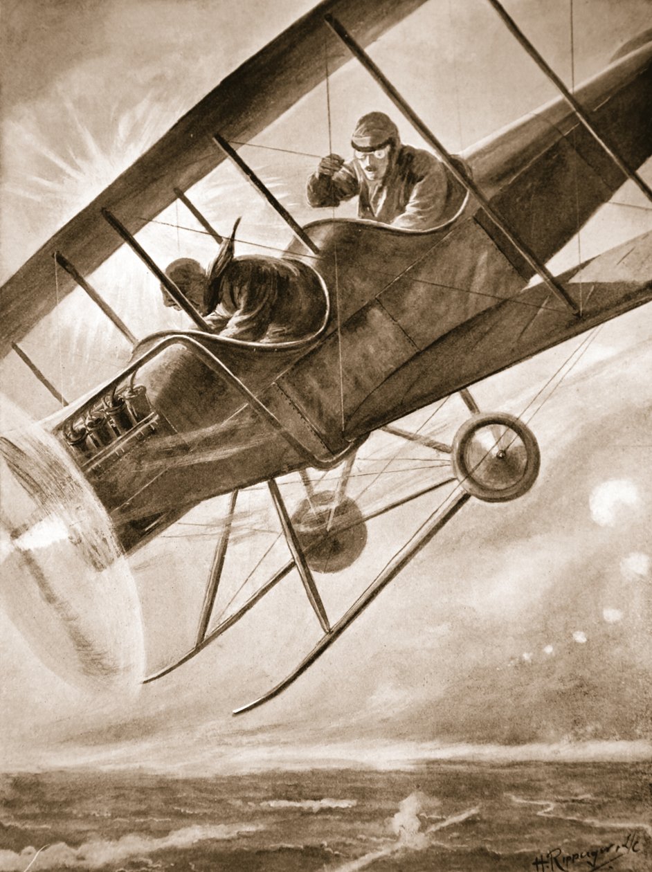 Kapten Liddell som piloterar sitt flygplan ner i de brittiska linjerna efter att ha blivit allvarligt skadad. av H. Ripperger