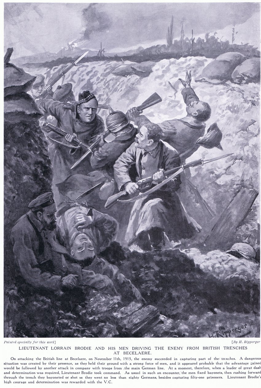 Löjtnant Lorrain Brodie vann en VC för att ha drivit fienden från brittiska skyttegravar vid Becelaere i november 1915 av H. Ripperger
