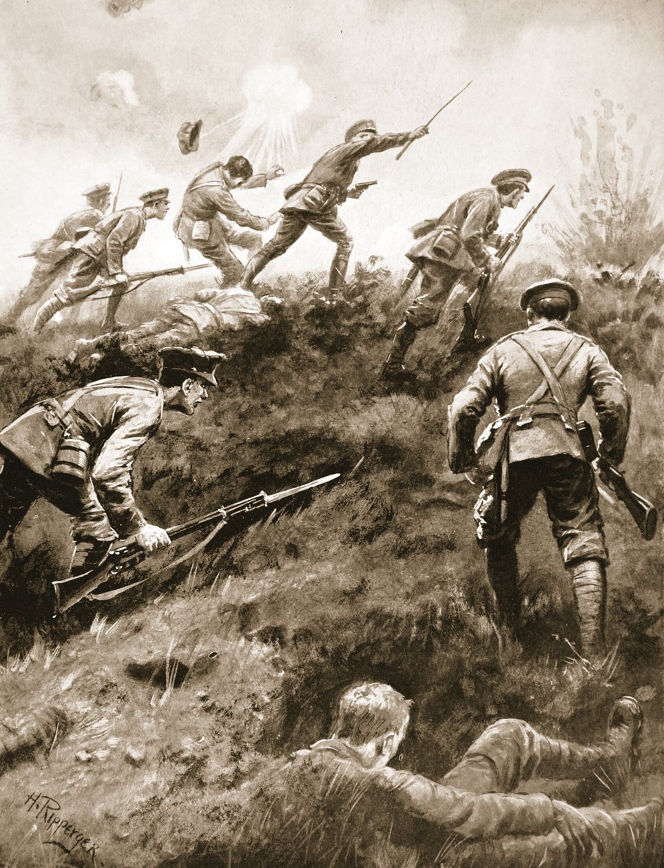 Major (tillfällig överstelöjtnant) A.F. Douglas-Hamilton samlar sina män och leder dem framåt och kontrollerar därmed fiendens framryckning av H. Ripperger