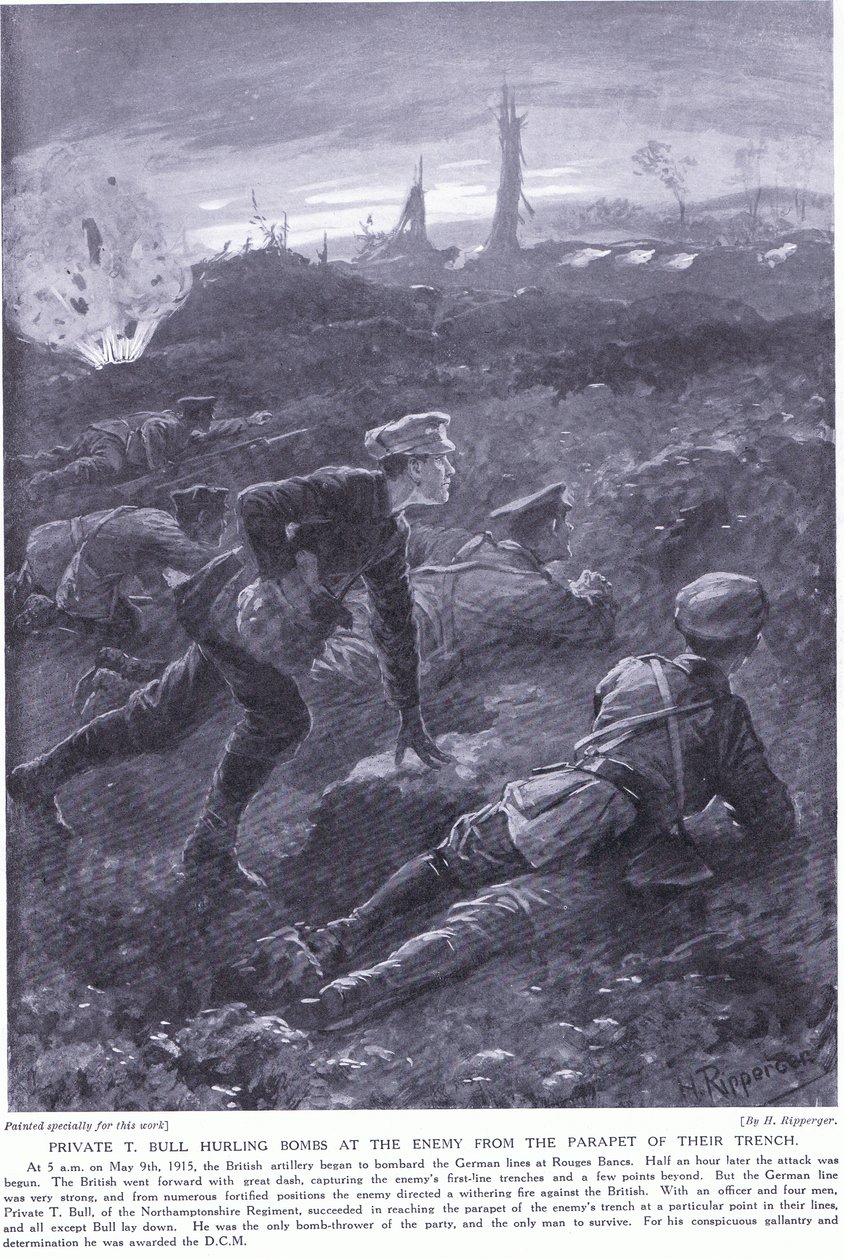Menig T Bull vann en DCM som kastade bomber mot fienden från räcket i deras skyttegrav vid Rouges Banc maj 1915 av H. Ripperger