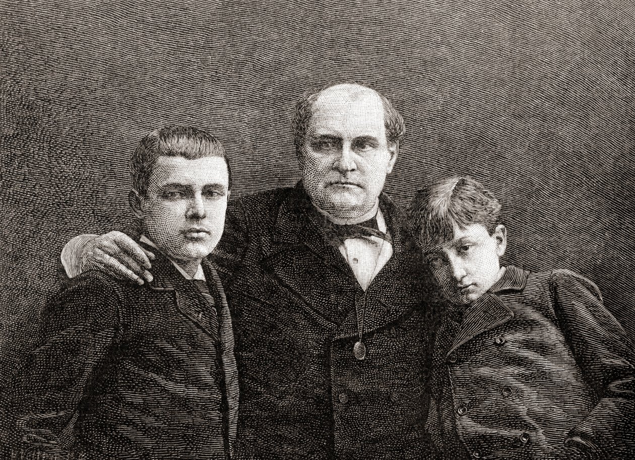 Prins Napoléon Bonaparte med sina två söner Victor och Louis, från The Century Illustrated Monthly Magazine, publicerad 1884 (trästick) av H. Velten