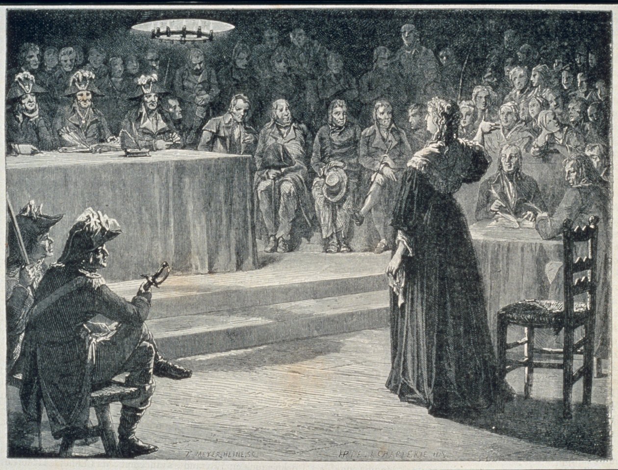 Marie-Antoinette inför revolutionsdomstolen 1793, graverad av Theodor Meyer-Heine av H. de la Charlerie