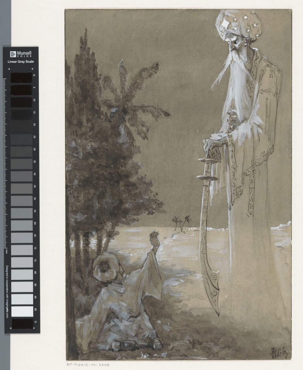 Lång man med skägg ser ner på en sittande pojke av H.C. Louwerse (signed by artist)