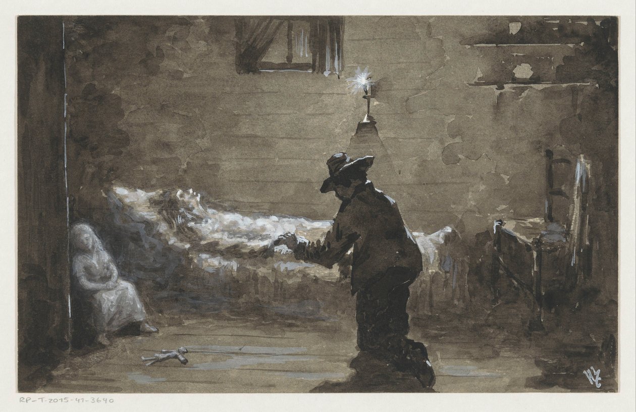 Man knäböjer vid en kvinnas säng av H.C. Louwerse (signed by artist)