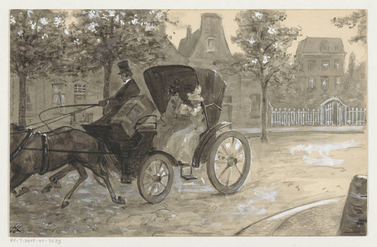 Två kvinnor i en häst och vagn av H.C. Louwerse (signed by artist)