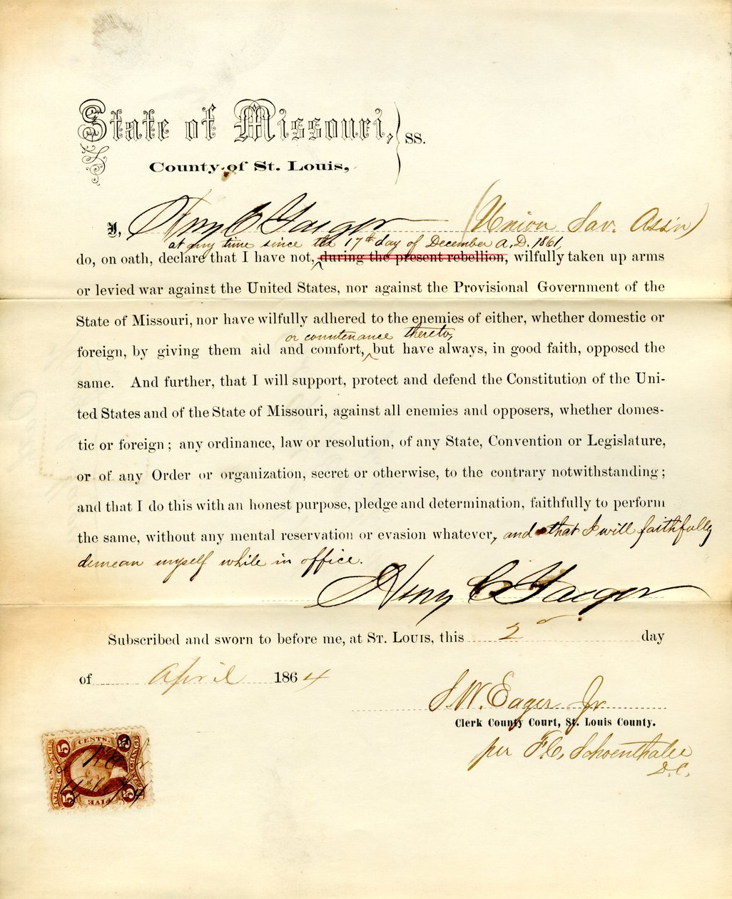 Loyalty oath of Henry C. Yaeger of Missouri, County of St. Louis av H.C. Yaeger
