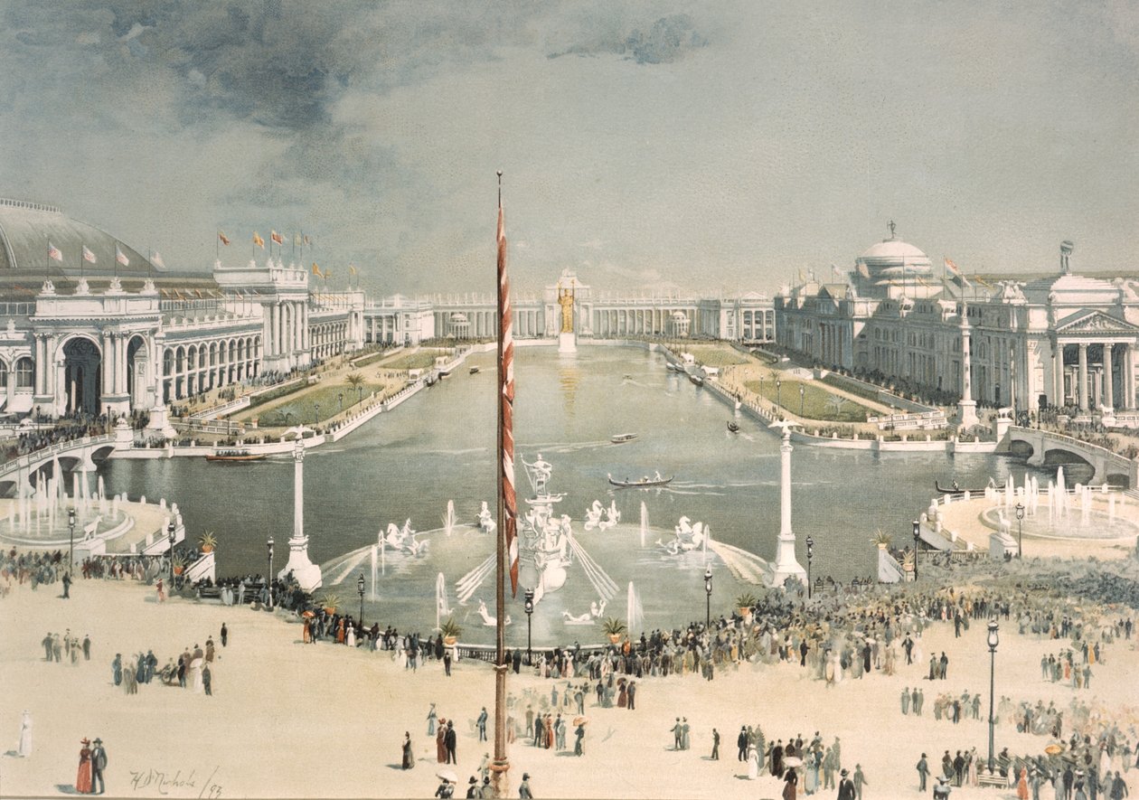 The Worlds Columbian Exposition, tittar österut från MacMonnies Fountain mot Court of Honor och Grand Basin, Chicago, Illinois, 1893 av H.D. Nichols
