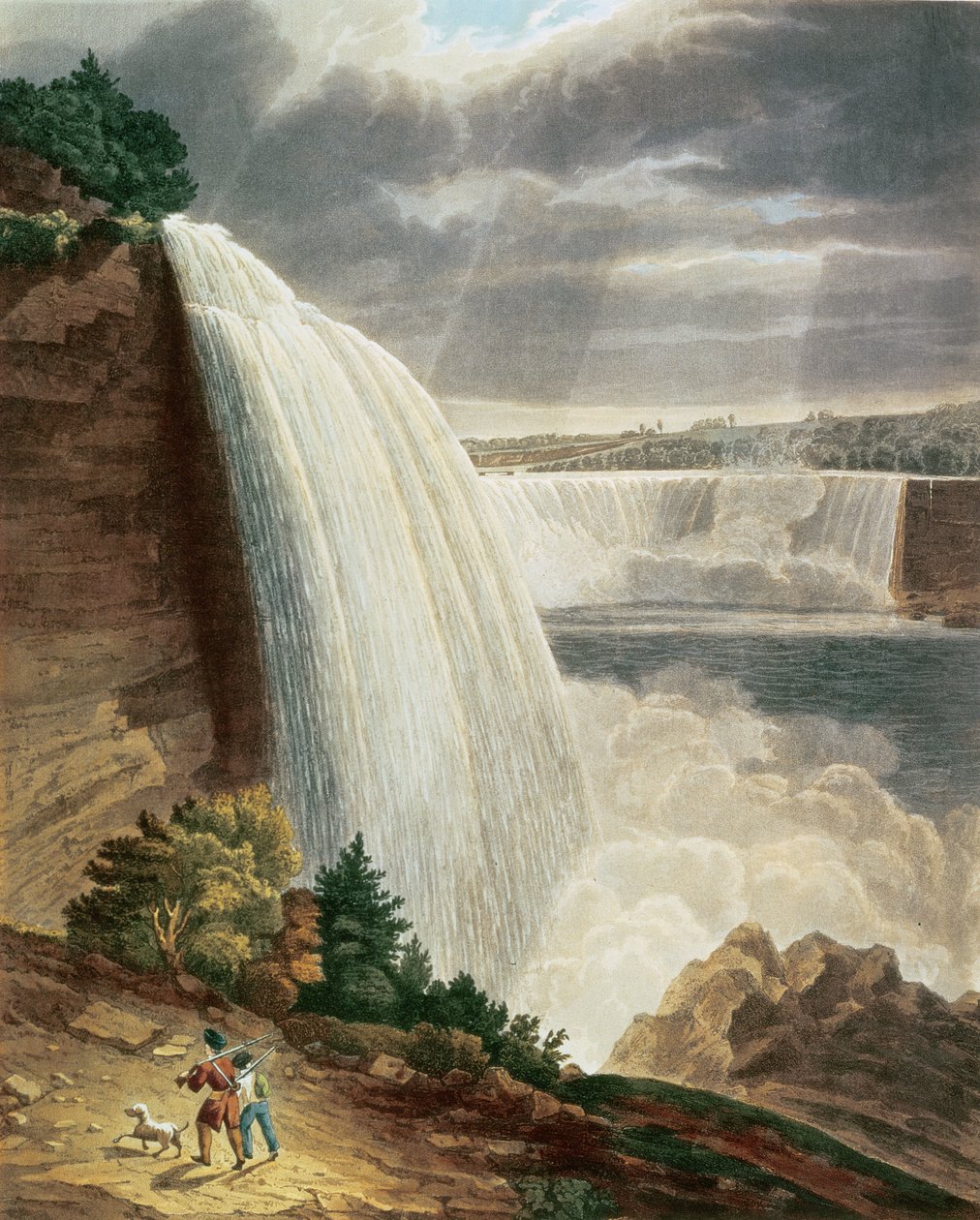 Niagarafallen, del av det amerikanska fallet från trappans fot, graverad av J. Hill, utgiven av H.L.Megarcy (färggravyr) av H.J. Bennett