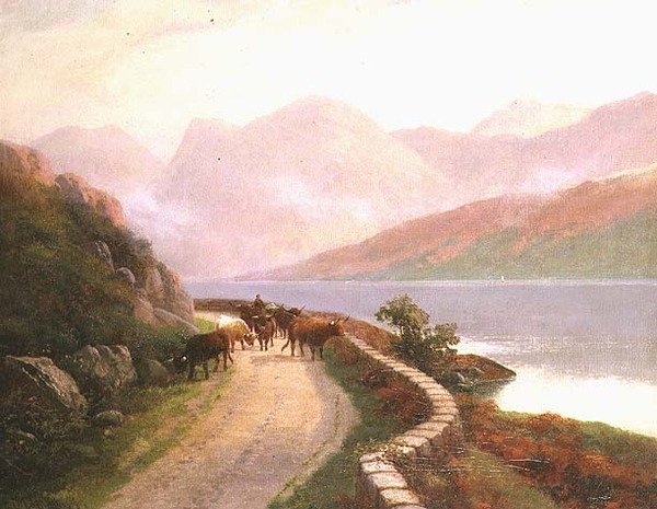 Förare med kor vid sjön Buttermere, kväll av H.R. Hall
