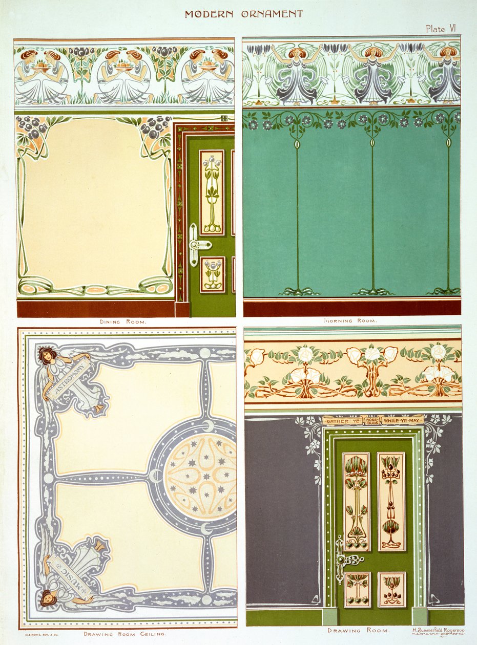 Ritningar för vägg- och rumsbehandlingar, tak, dadoes, friser etc., platta VI från "Modern Ornament" c. 1885-95 av H.Summerfield Rogerson