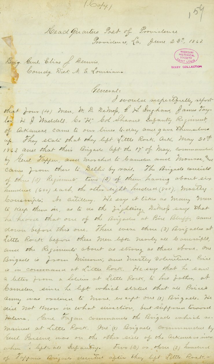 Letter from H. T. Reid, headquarters, Post of Providence, Louisiana, to Brigadier General Elias S. Dennis, June 22, 1863 av H.T. Reid