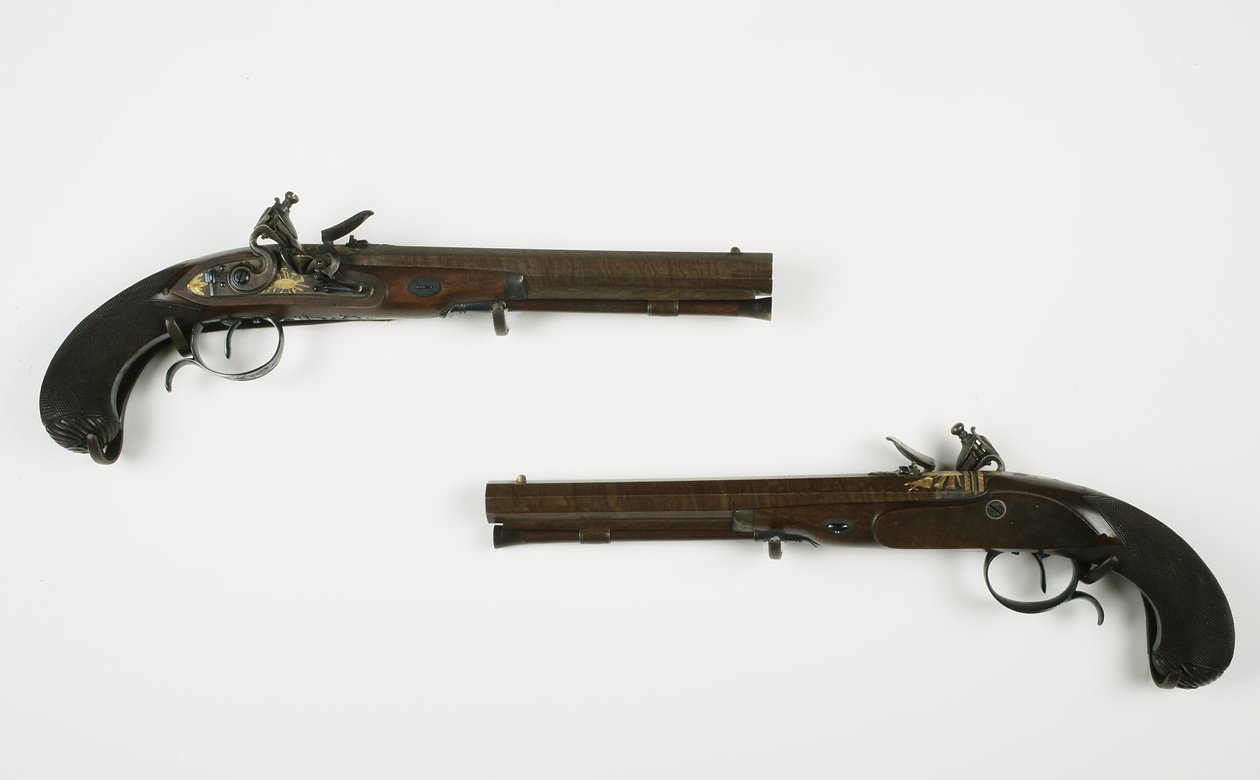 Ett par Flintlock-duellpistoler, ca 1780-1800 (blandade media) av H.W. Mortimer and Sons
