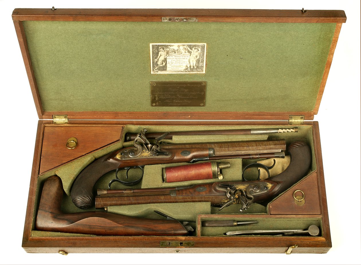 Par flintlåsduellpistoler med väska och tillbehör, ca 1780-1800 (blandad media) av H.W. Mortimer and Sons