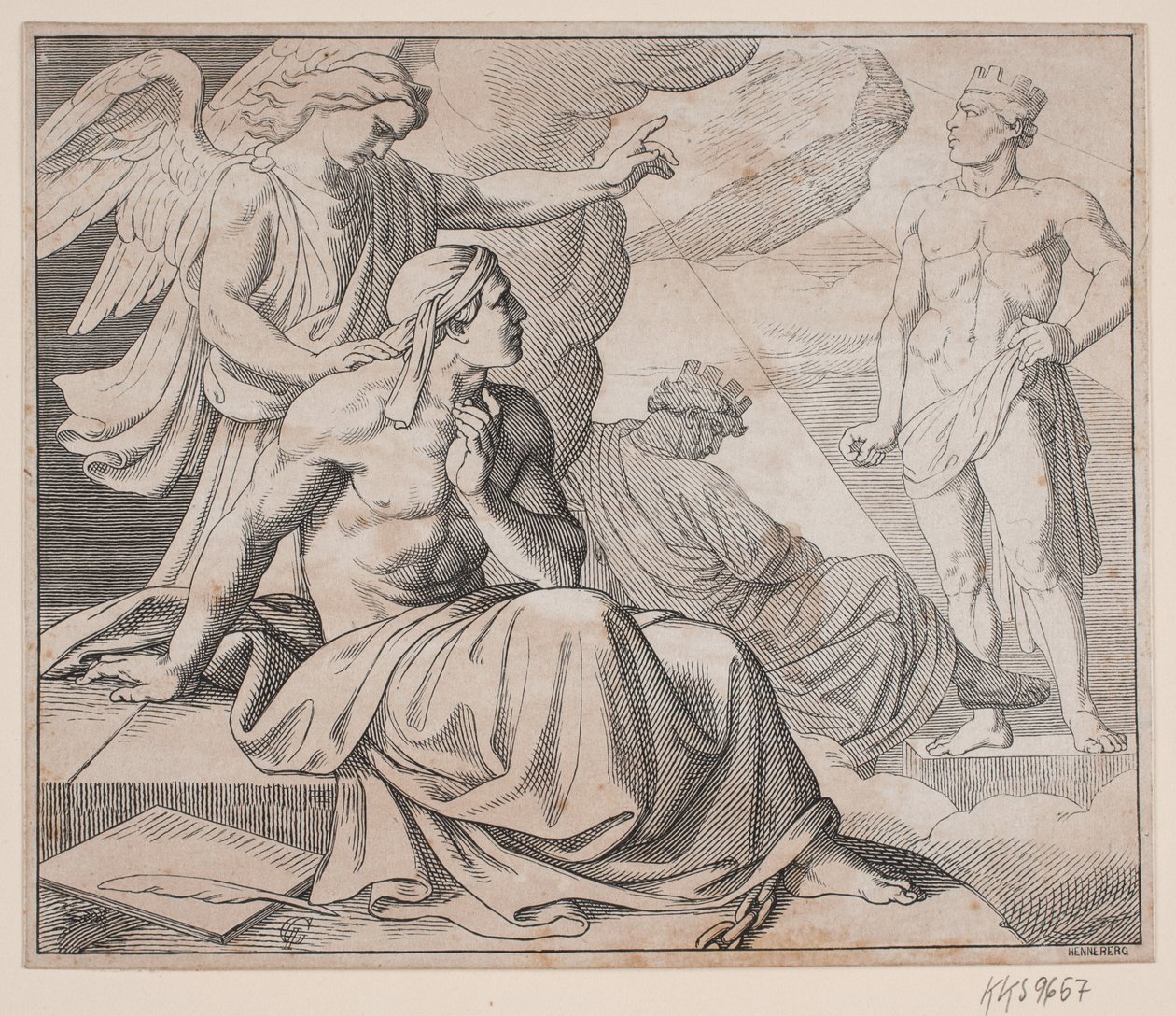 Allegoriskt blad. En ängel lägger sin hand på en mans axel och pekar på en staty av H. C. Henneberg